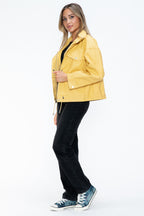 How Dare U Women PU Leather Jacket Drawstring Hem Zip Up Jacket Yellow 186d0bb0-075a-4b61-a9c0-47acd32879ca-Max Trendsi