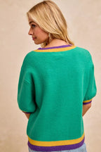 BiBi Sweater Green Mardi Gras Sequin Ribbon Patched Short Sleeve 1870e561717547d391fcbfbf3393e891-Max-Origin Trendsi