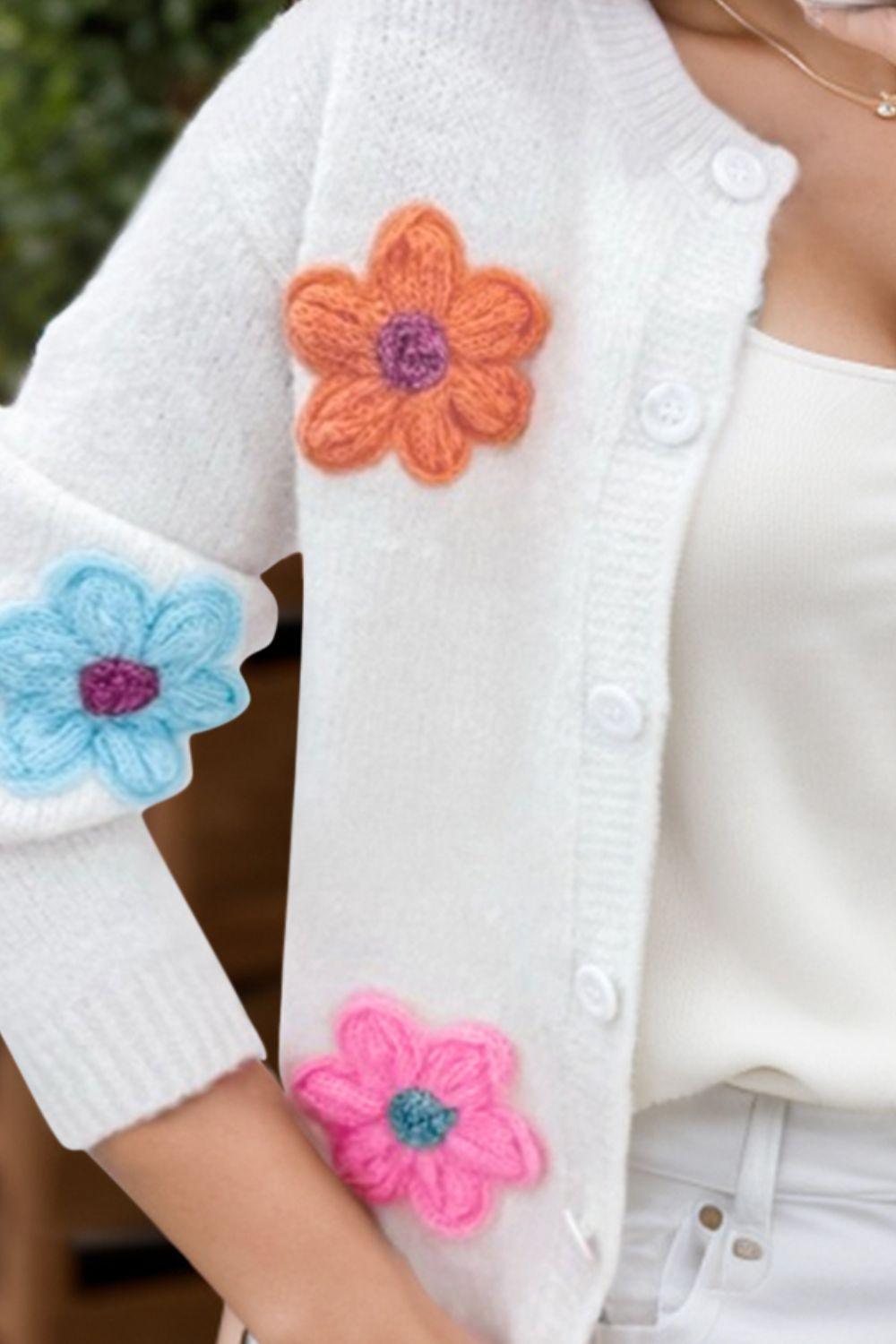 Floral Knit Cardigan Flower Dropped Shoulder Long Sleeve Sweater 18711d9c-de04-4c5a-9574-410fc181f15e-Max Trendsi