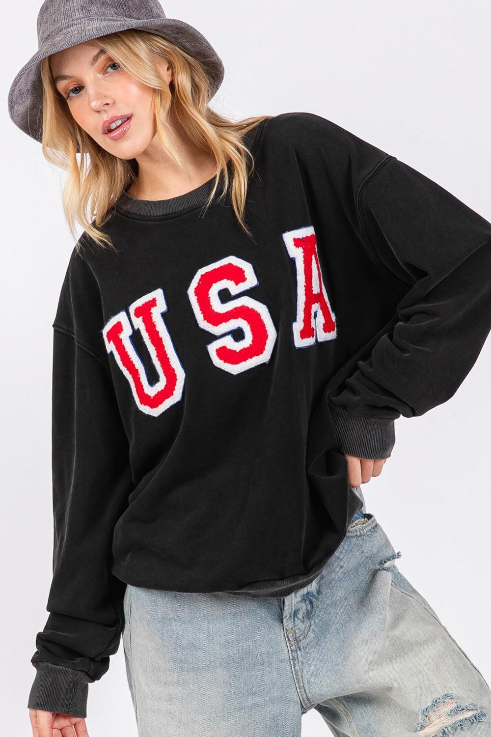 SAGE + FIG USA Letter Patch Round Neck Sweatshirt 18746e28-f167-4bd7-94a6-af01953ab268-Max Trendsi