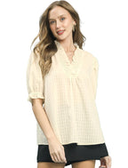 Umgee Textured Check Ruffle V-Neck Blouse