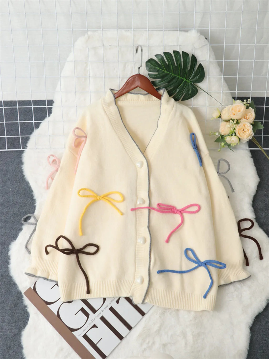 Women's Cardigan White Bow Tie Button Up Knit Long Sleeve One Size 187c986ede774103a755f2526297884d-Max-Origin Trendsi