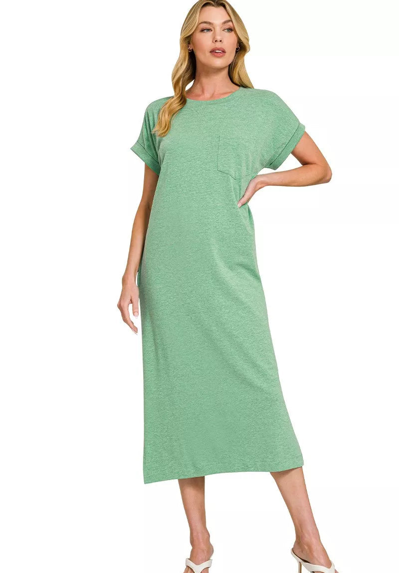 Zenana Midi Dress Green Round Neck Short Sleeve with Pocket H K GREEN 187f5e92a7b7414c9750d614d6142368-Max-Origin Trendsi