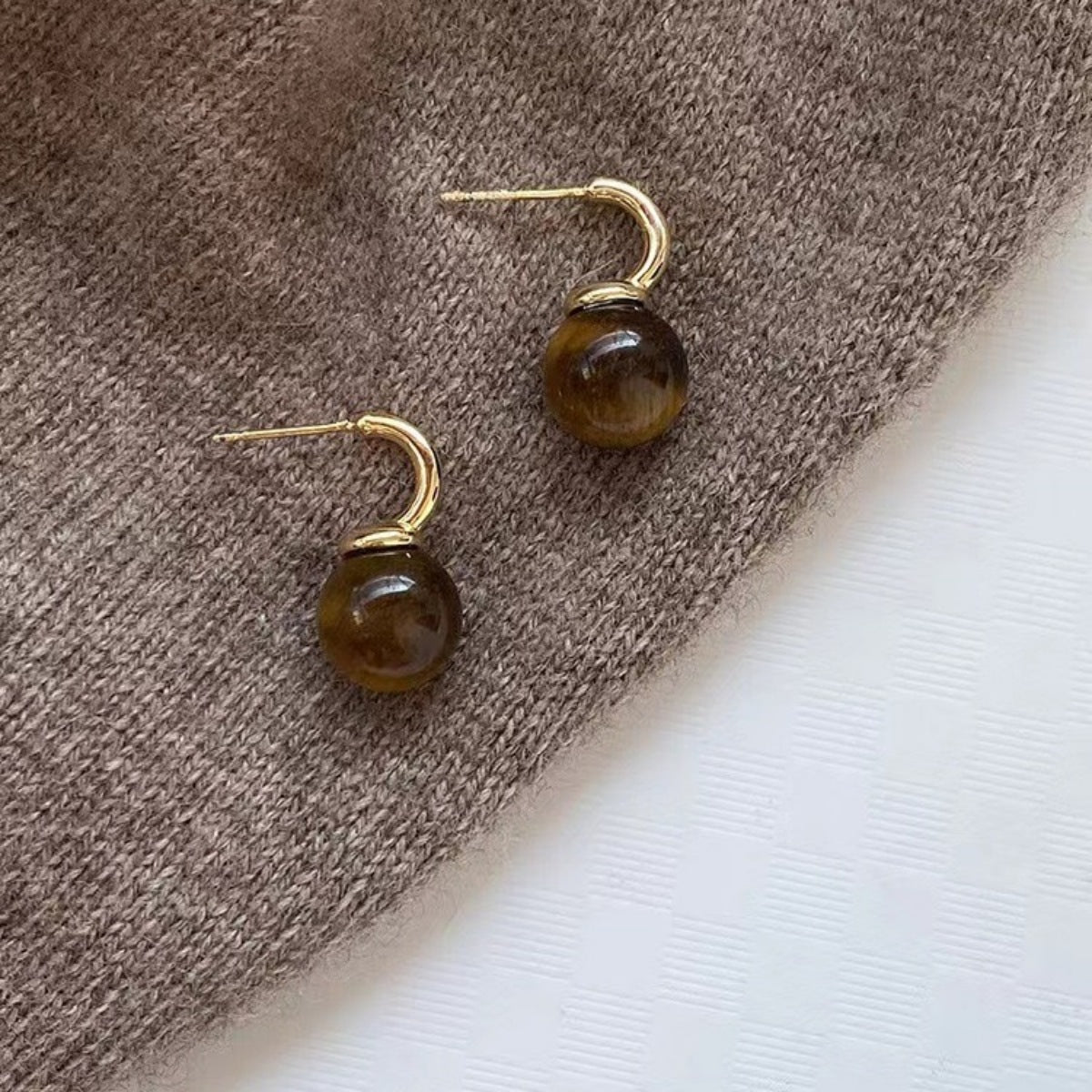 Tiger Eye Ball Drop Earrings in 925 Sterling Silver – One Pair