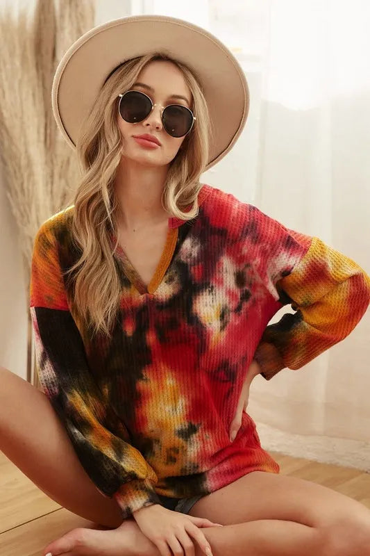 BiBi Tie Dye Womens Blouse Brushed Waffle Top With Bubble Long Sleeves 1886ecb8dd8e455a965f7c35dca52751-Max-Origin Trendsi