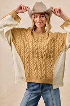 BiBi Womens Sweater Cable Knit With Hacci Combo Uneven Hem Detail 188ae7d6308a4e29a85b626ed4a45f5d-Max-Origin Trendsi