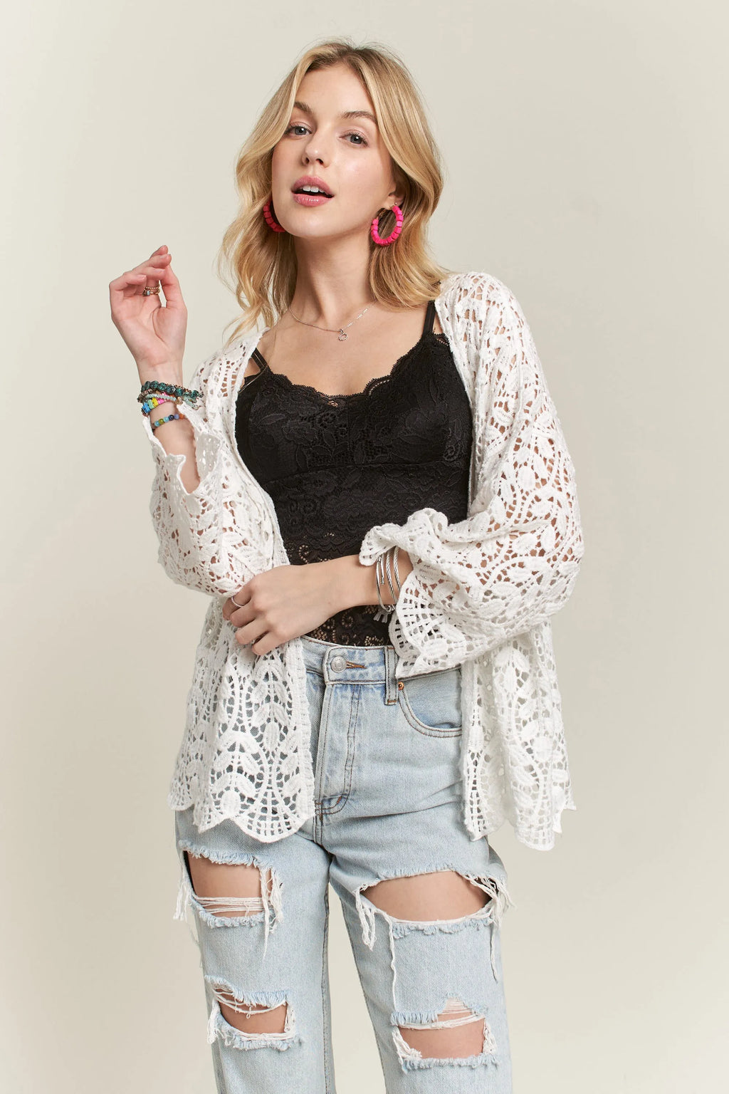 ADORA Crochet Cardigan Cotton White Floral Leaf Pattern Long Sleeve WHITE 189237f5f78b4f7c8c828e4d19088ac7-Max-Origin Trendsi