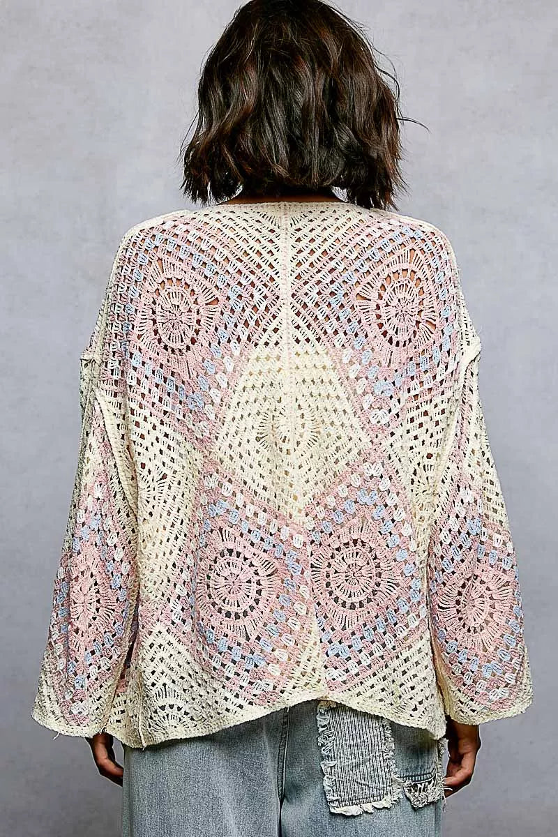 POL Crochet Cardigan Ivory Pink Open Front with Granny Square Pattern 189541de-d65f-4a9c-ac1c-2b43c5ca12e4-Max-Origin Trendsi