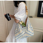 Women's Beach Crochet Shoulder Bag Medium Wave Knit Woven Blue Handbag