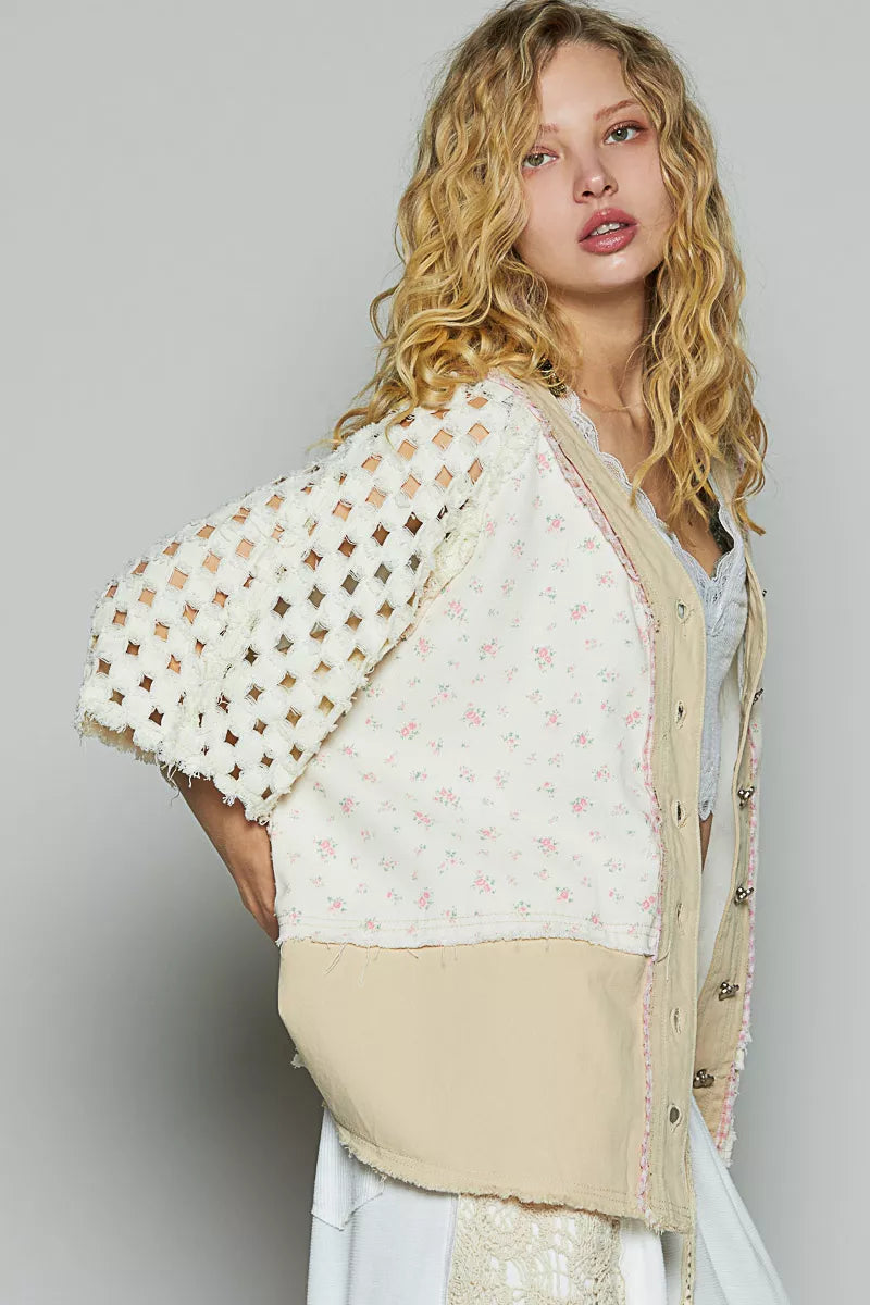 POL Womens Jacket Cream Button V-Neck with Printed Woven Patchwork 18a2e375-7134-4da6-bd29-6d9dc0bd8758-Max-Origin Trendsi