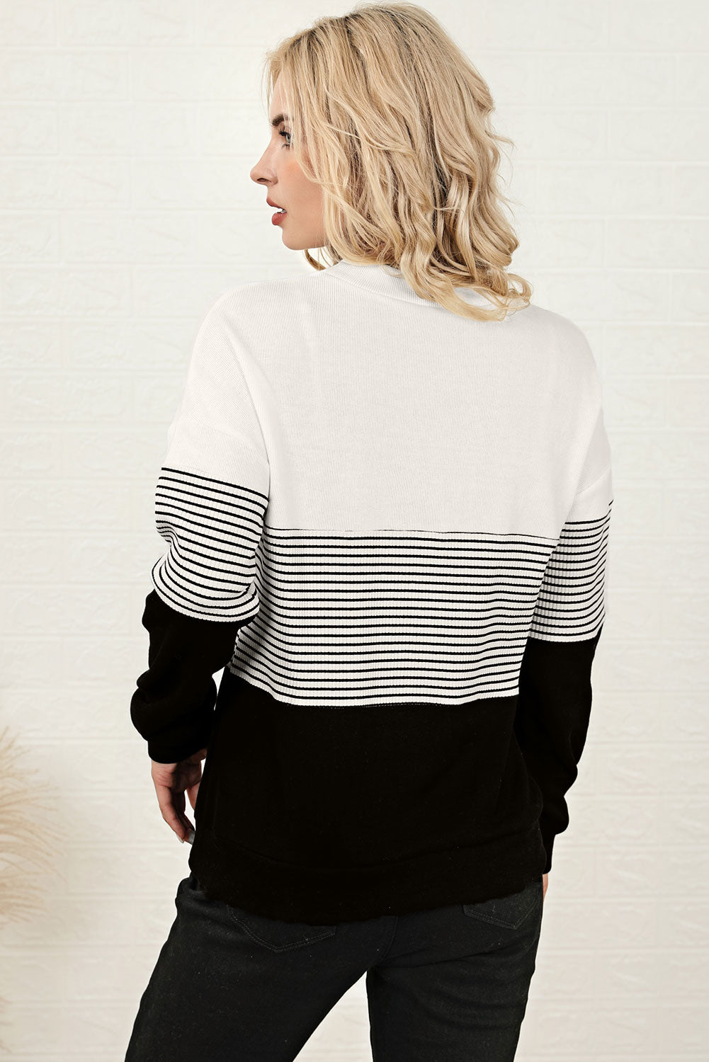 Women Knit Top Striped White Black Color Block Long Sleeve Pullover 18a8c147-5220-4e53-a368-b677f5dad910-Max Trendsi