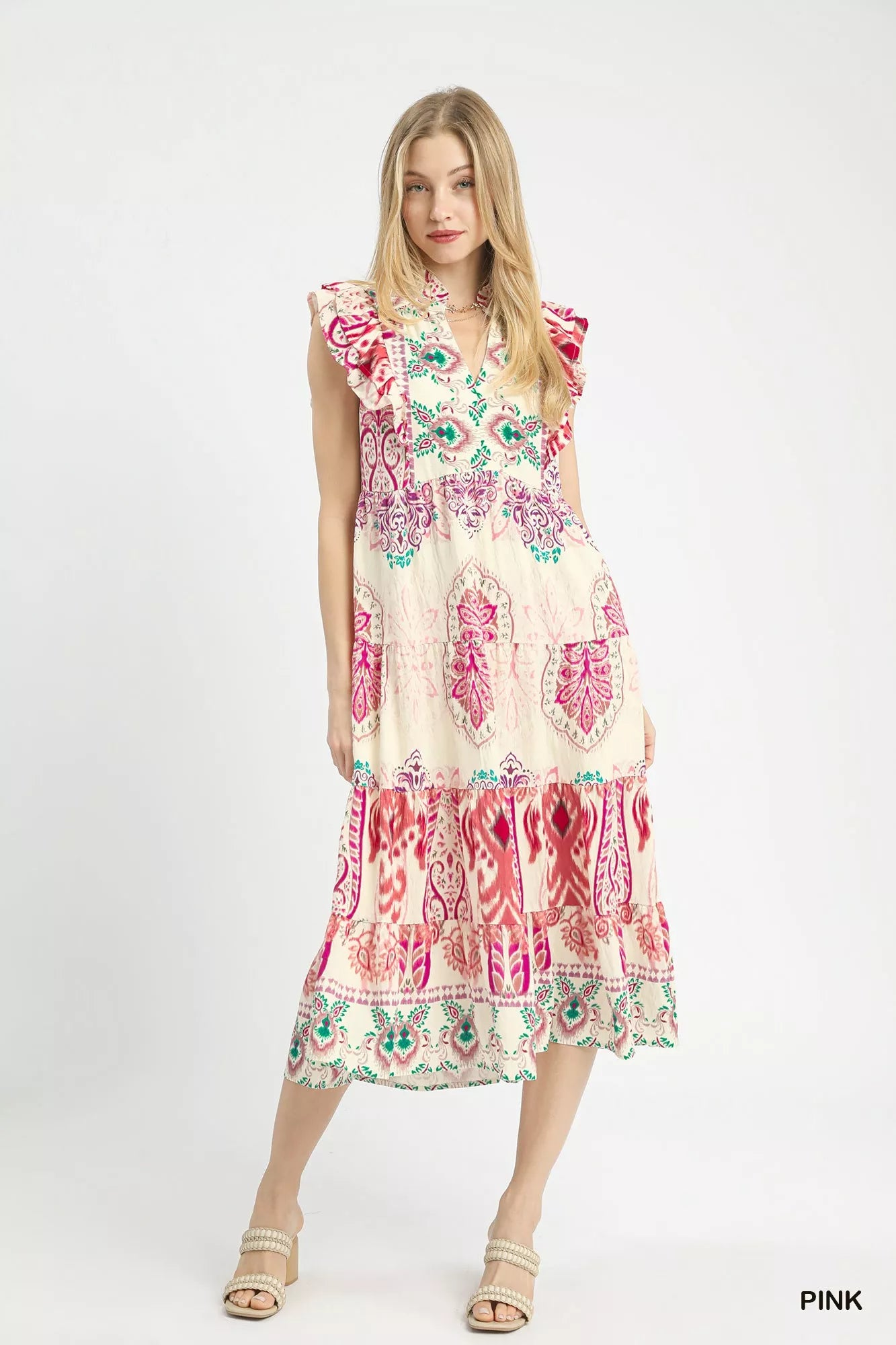 Umgee Midi Dress Pink Boho Boarder Print Ruffle Short Sleeve 18aa6daa-5e81-4543-9ea4-24e99831115b-Max-Origin Trendsi