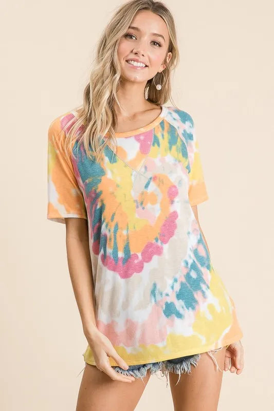 BiBi Tie Dye Print Short Sleeve T-Shirt with Raglan Sleeves YELLOW ORANGE 18adaf94376841d09d8d54ebcf85a442-Max-Origin Trendsi