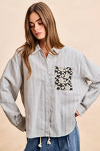 BiBi Womens Gray Stripe Shirt Black Flower Jacquard Knit Patch Pocket Top 18b33c767b7d4d21884eeef583c88d26-Max-Origin Trendsi