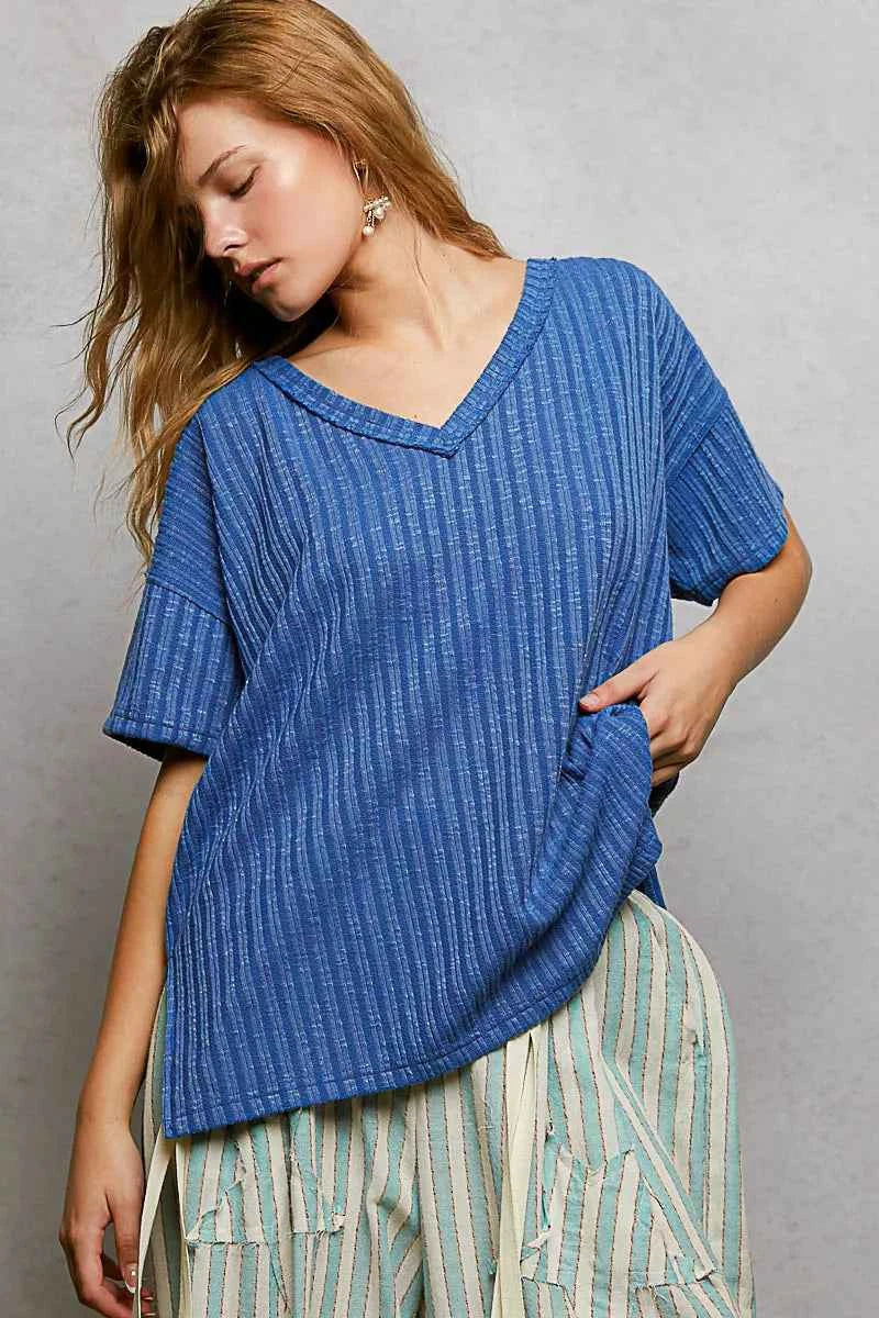 POL Ribbed Knit Top Blue V-Neck Short Sleeve T-Shirt with Side Slit 18ba2643-e69f-412d-b77c-27fbcebeadd2-Max-Origin Trendsi