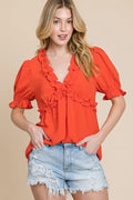 Lime 'N' Chili Babydoll Top Orange Ruffled Deep V-Neck Puff Short Sleeve ORANGE 18be1bcc321f428790441c0aaa71c762-Max-Origin Trendsi