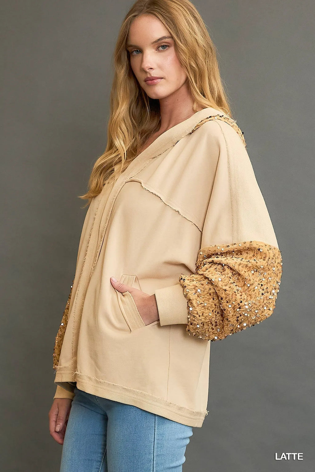 Umgee Sequined Jacket French Terry Latte Color Hooded Oversized Outwear 18bf068e-0449-473f-b779-7c994fa9f3d9-Max-Origin Trendsi