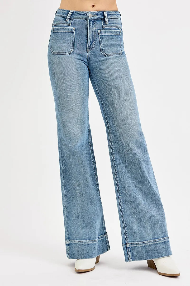RISEN Jeans Wide Flare Women's High Rise Patch Pocket Denim Pants MEDIUM 18c2c02f9189485eae92207eb3b746ea-Max-Origin Trendsi