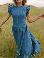 Denim Midi Dress Ruffled Cap Short Sleeve Navy Blue Buttoned Tiered 18c41322-f7c9-4f5d-bbf1-89bcf11d28d9-Max-Origin Trendsi