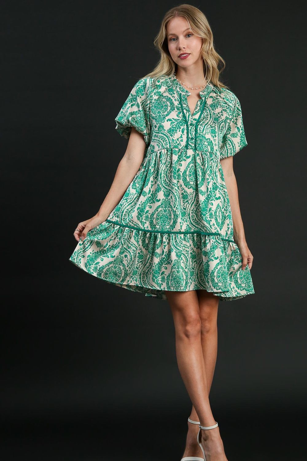 Umgee Mini Dress Green Teal Printed Floral Notched Puff Short Sleeve 18cb2f97-9453-4fba-8dac-2dc9e52d046d-Max Trendsi