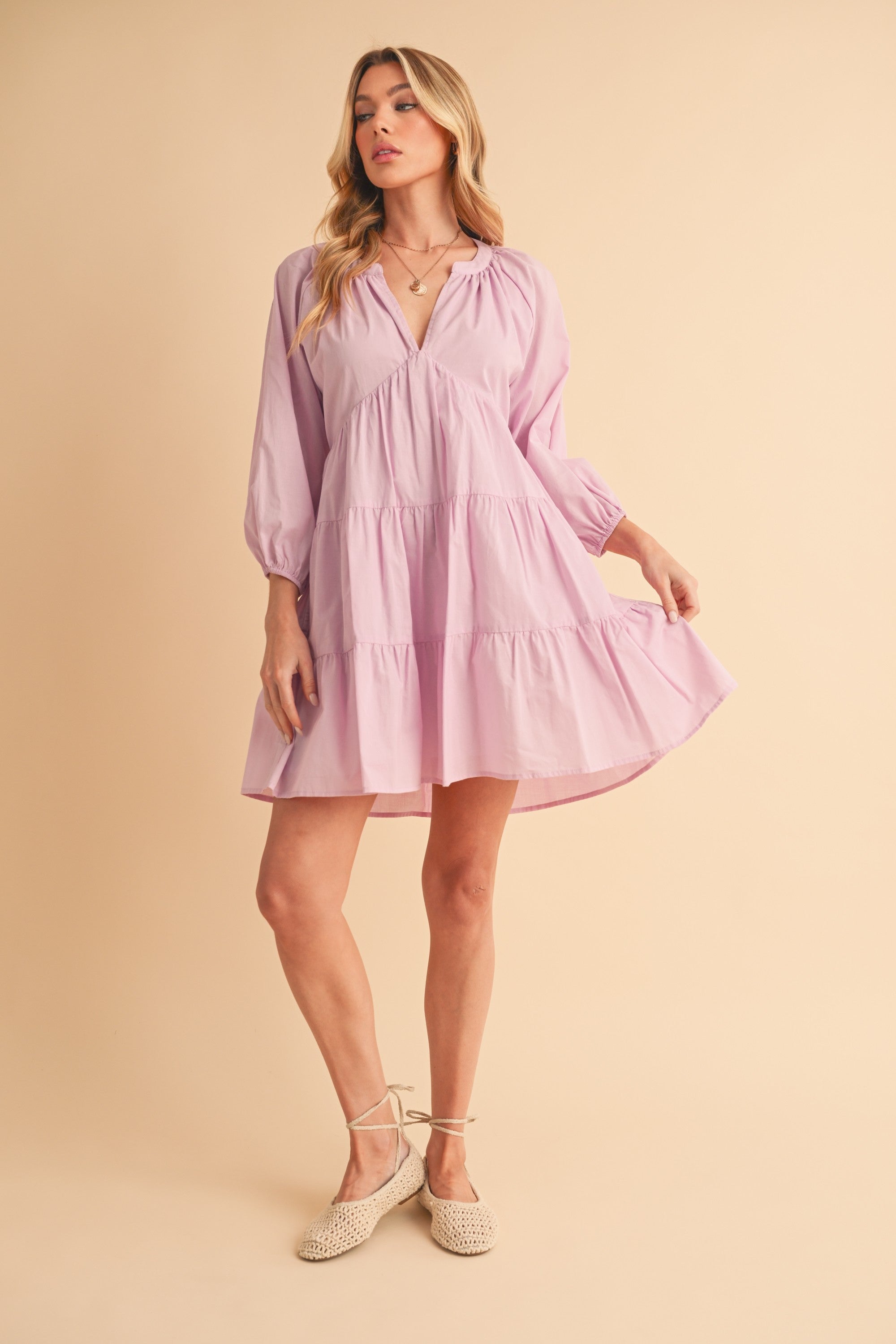 Aemi + Co Mini Dress Cotton Notched Balloon 3/4 Sleeve Lilac Ruffle Tiered 18e2c150-5273-490f-afab-0f0f4fee398b-Max Trendsi