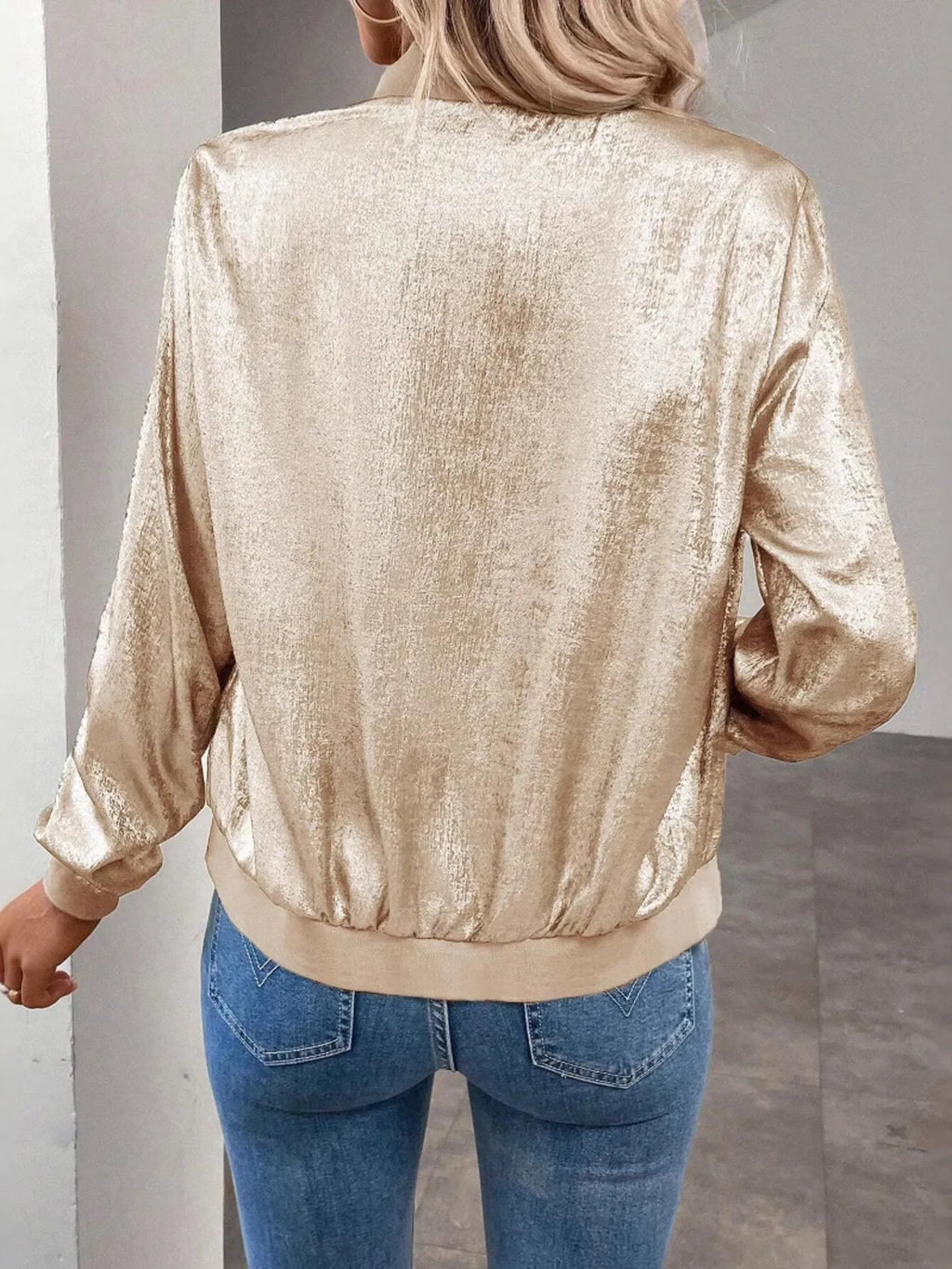 Women's Jacket Gold Metalic Lightweight Zip Up Long Sleeve Outwear 18e43f09ab374de682998057b1e86e69-Max-Origin Trendsi