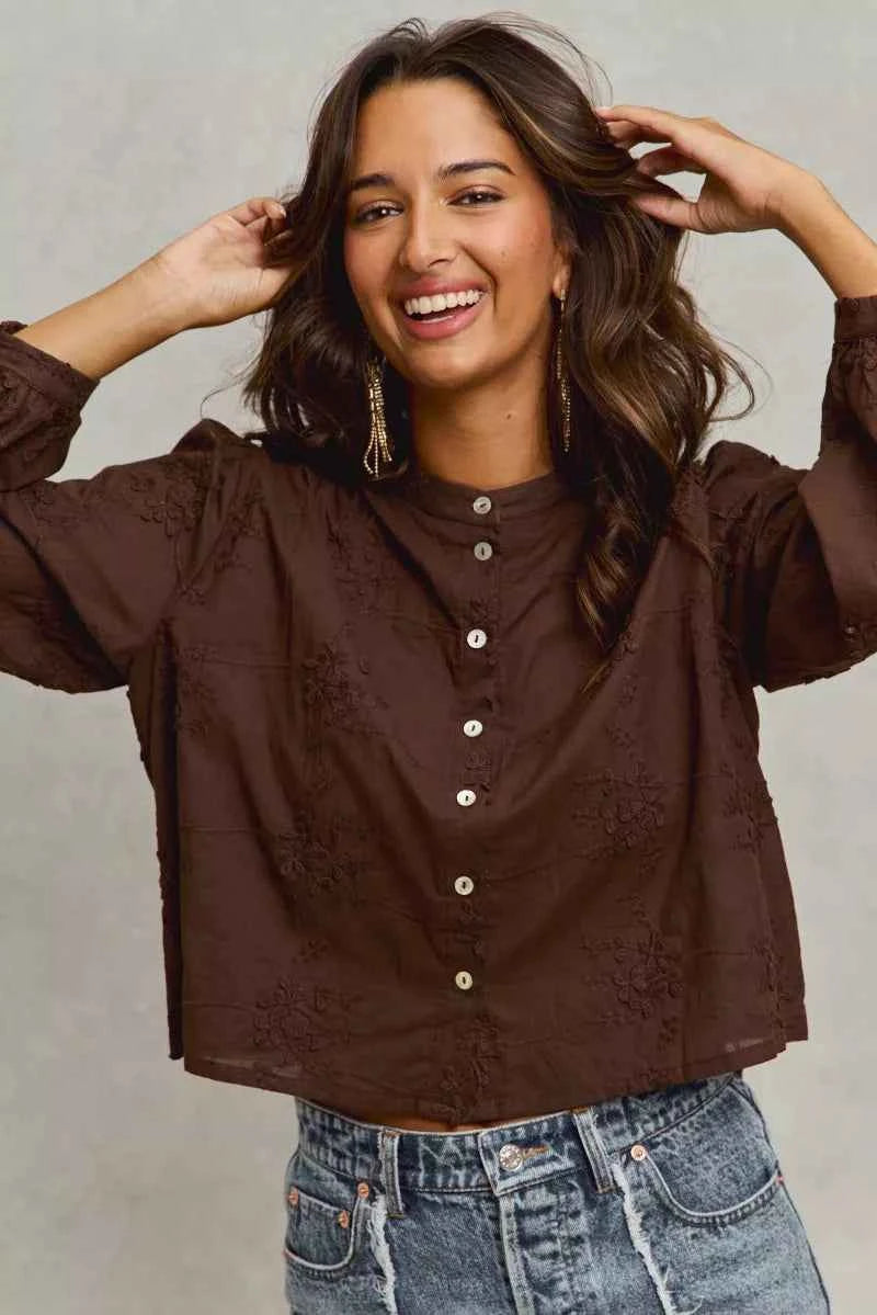 SO ME Women Shirt 3d Floral Brown Woven Cotton Long Sleeve Front Button Top 18e56f2b091040988318372fe714bb21-Max-Origin Trendsi