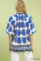 Umgee Blouse Womens Blue Shell Block Border Print Puff Short Sleeve Top 18ede71b-85d9-434a-9dc9-6bbe18427544-Max-Origin Trendsi