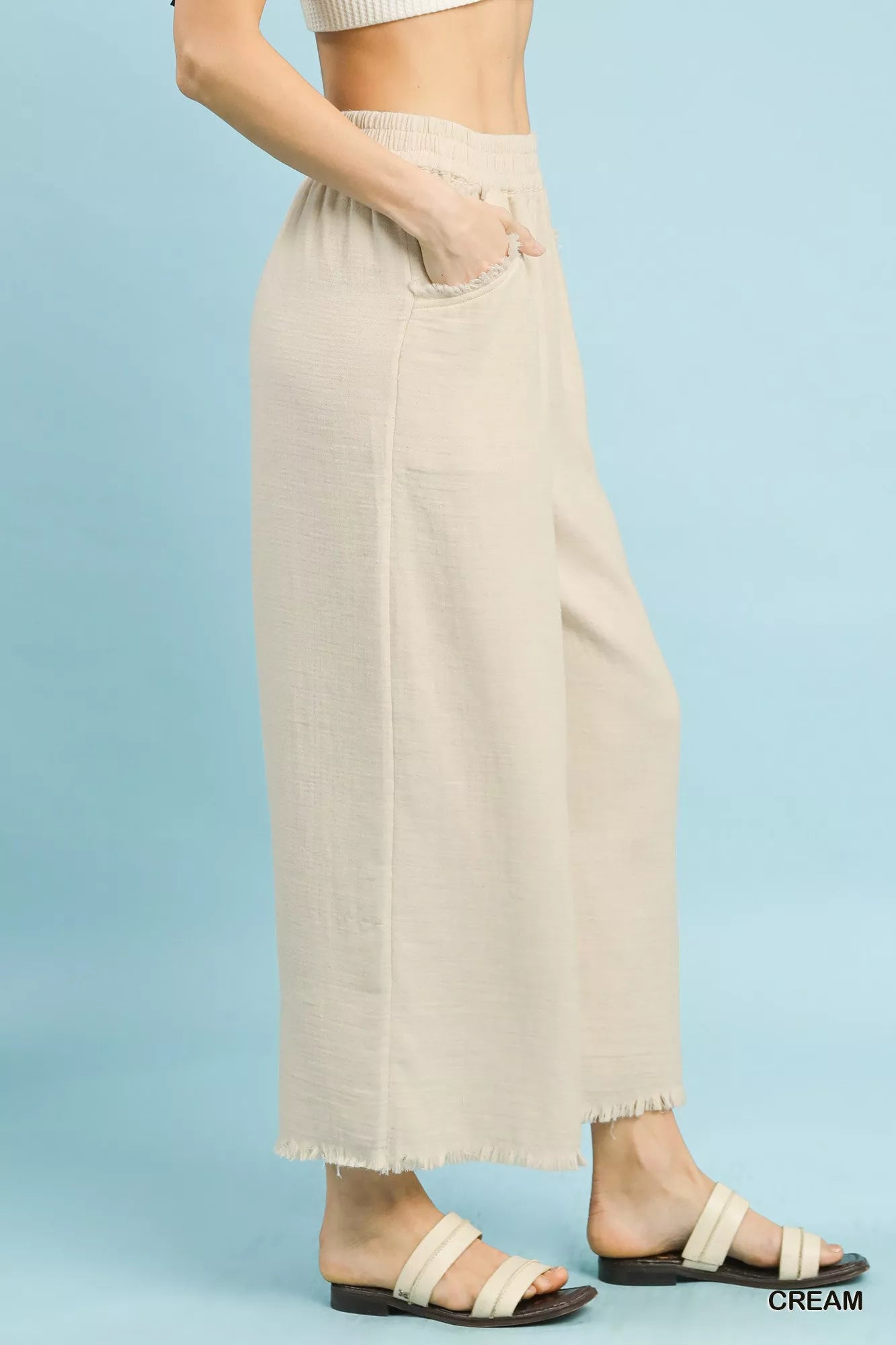 Umgee Wide Leg Pants Cream Cotton Frayed Hem with Pockets 19016755-0e82-4e8f-b9af-a55570a44b04-Max-Origin Trendsi