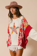BiBi Sweatshirt Floral Print Mixed Star Patch Round Neck Top 1903f022016944fbbee4d719e5e22df9-Max-Origin Trendsi