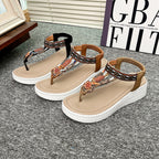 Toe Post Wedge Sandals with Mid Heel in PU Leather and Rubber