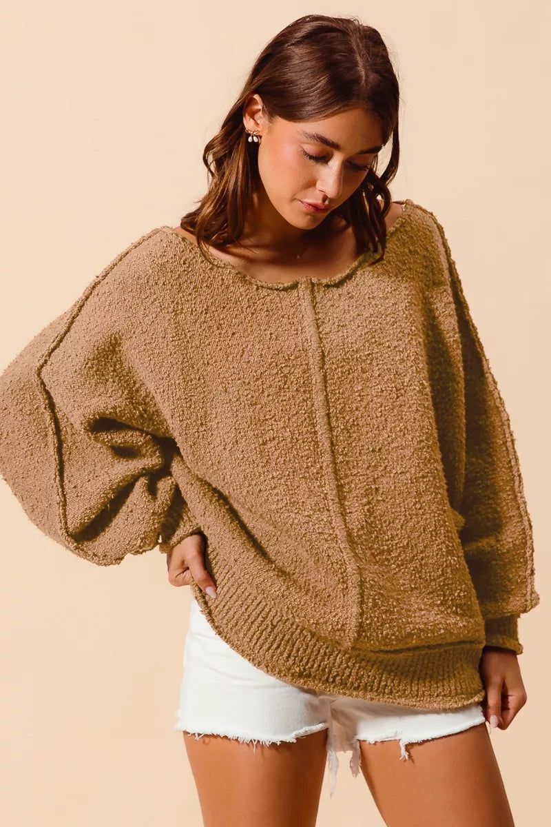 SO ME Womens Sweater Taupe Loose Fit Exposed Seam Slouchy Boucle 1915db8f75b149928abf93bab687ec66-Max-Origin Trendsi