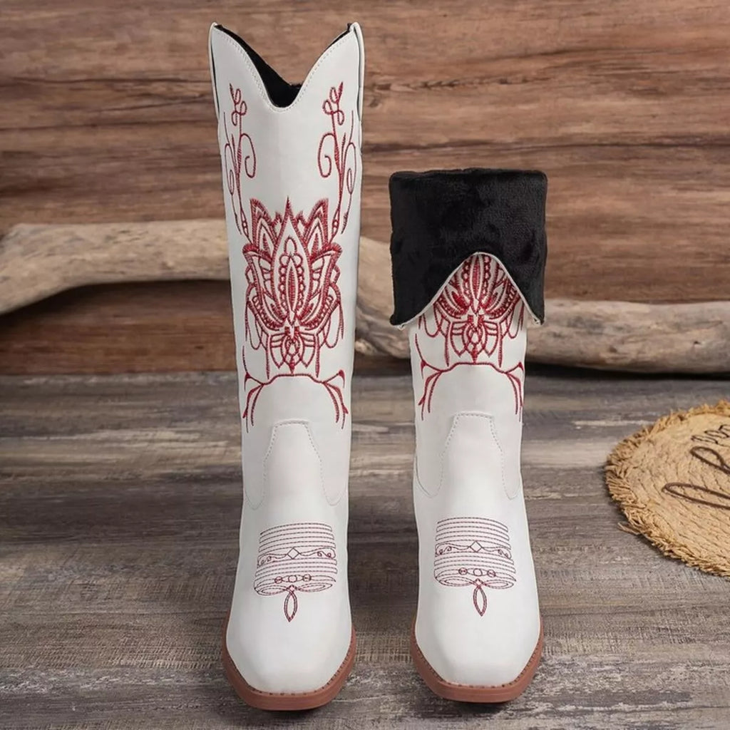 Women's Boots Western Embroidered Block Mid Heels Shoes White 191b9aa56e6f44b8ac3467f03203cd12-Max-Origin Trendsi