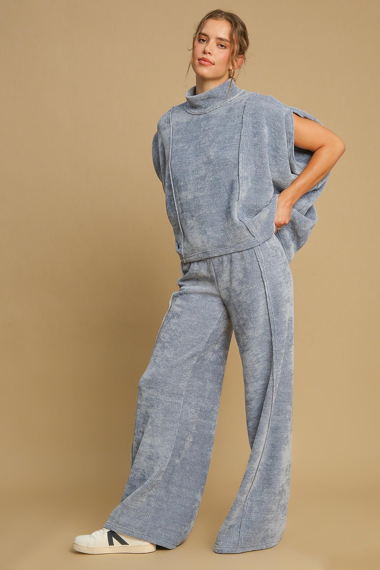 Umgee USA Ribbed Wide Leg Pants Elastic Waist Light Blue Loose Trousers