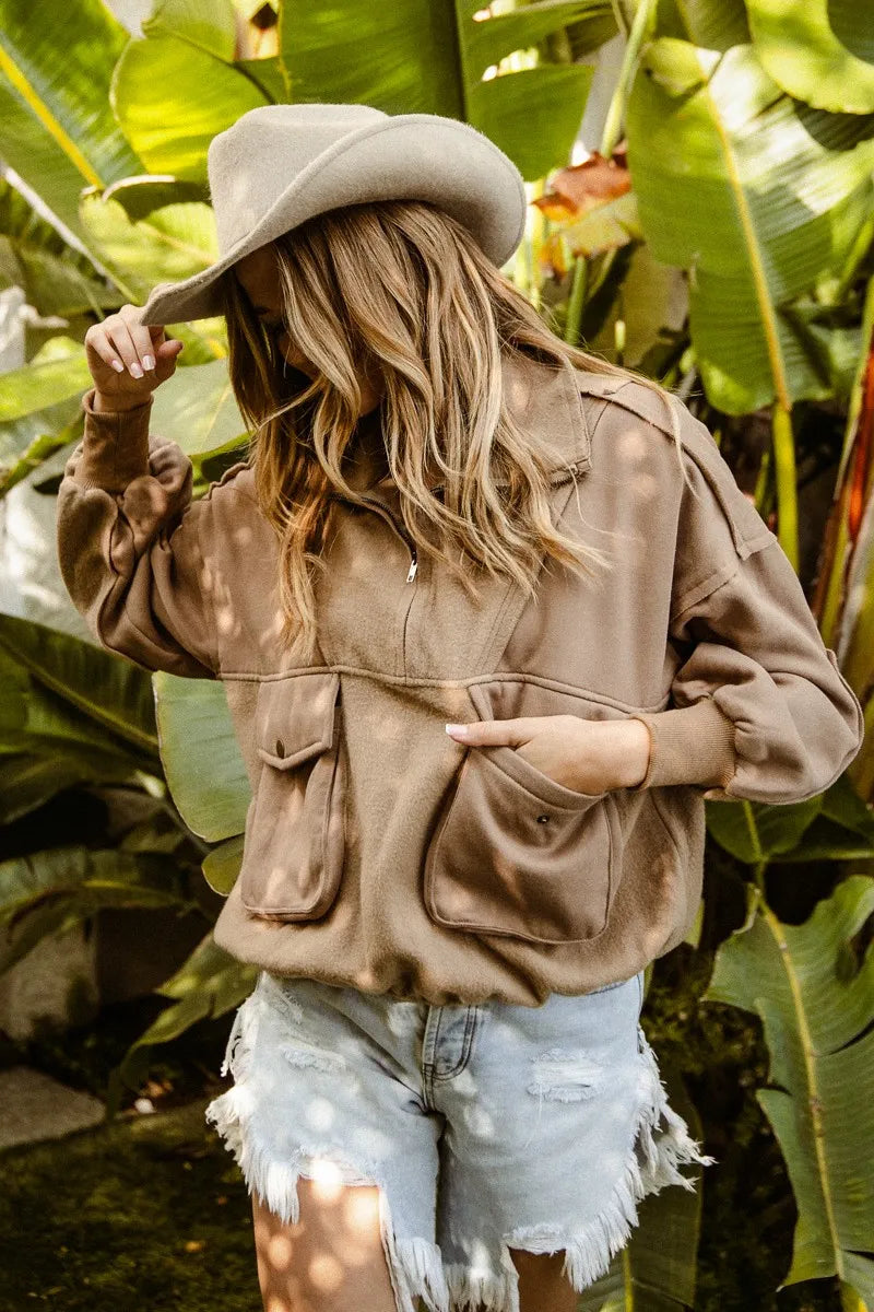 BiBi Fleece Pullover Womens Mocha Half Zip Vintage Washed Half Zip Top 1923f08c9e8d4de0b4f5c1aac4cb0363-Max-Origin Trendsi