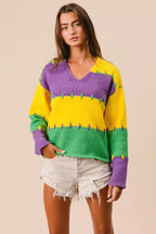 BiBi Womens Sweater Mardi Gras Stripes Stitch Detail Knit Pullover 1933badeef7f476788f6aeabefb73c48-Max-Origin Trendsi