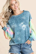 BiBi Tie Dye Womens Blouse Blue Mix French Terry Top With Contrast Tie Dye DENIMBLUE 193f0e9ed4284a1bb8e9fb36f7ab8ca5-Max-Origin Trendsi