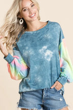 BiBi Tie Dye Womens Blouse Blue Mix French Terry Top With Contrast Tie Dye DENIMBLUE 193f0e9ed4284a1bb8e9fb36f7ab8ca5-Max-Origin Trendsi
