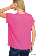 Zenana T-shirt Fuchsia Pink Hacci Slub Rolled Up Short Sleeve Top Tee 1950603f7d7d467cb2beb4600bc9b437-Max-Origin Trendsi