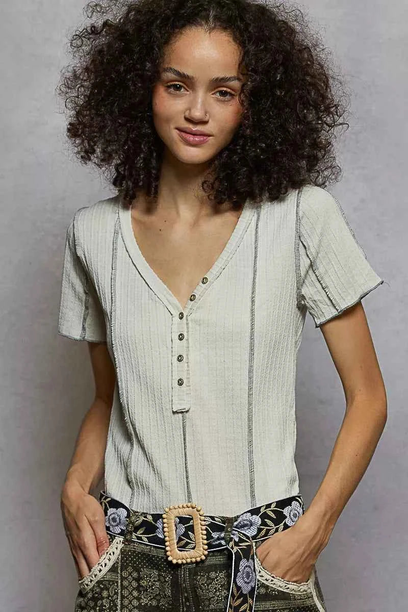 POL Women T-shirt V-Neck Short Sleeve Top with Stitch Seam Detail 1953ba1c-14d1-4a76-a267-b76922cda6be-Max-Origin Trendsi