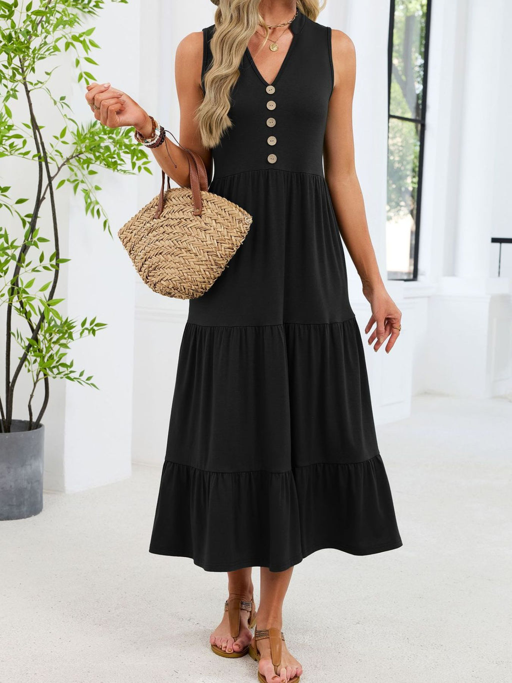 Sleeveless Notched Tiered Midi Dress with Ruched Detail, Decorative Buttons, and Pockets