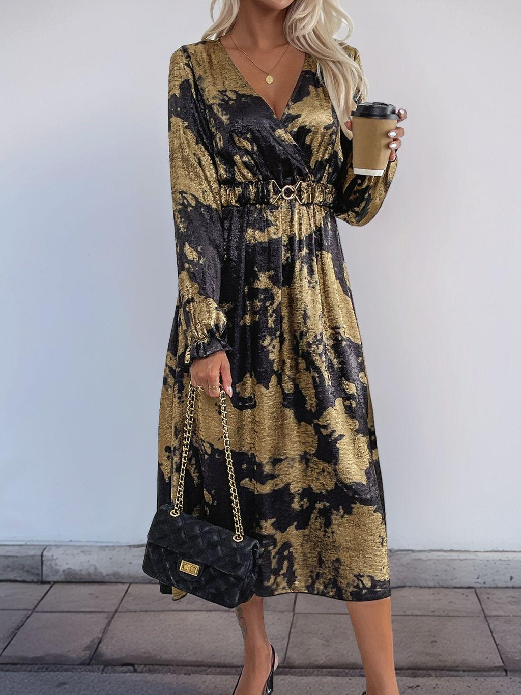 Perfee Midi Dress Gold Printed Surplice Long Sleeve V Neck Elastic Belt 195f45b8-ac28-4a55-9cf7-ed9362f6c467-Max Trendsi