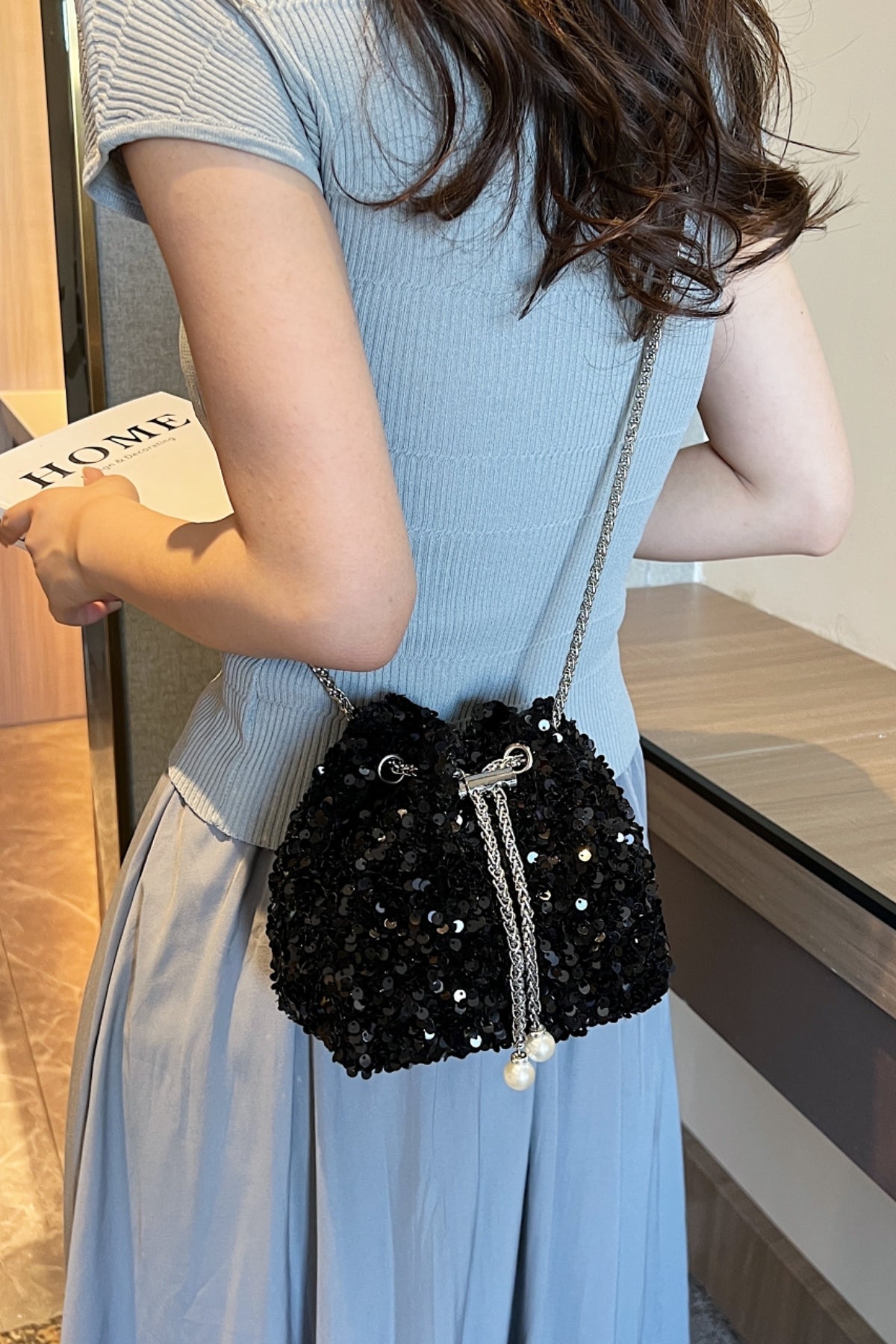 Sequin Bucket Bag Drawstring Small Women Chain Crossbody Strap