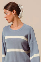 SO ME Womens Sweater Dusty Blue Ribbed Striped Round Neck Pullover 197667f3315840809235fb8e943b2ca5-Max-Origin Trendsi