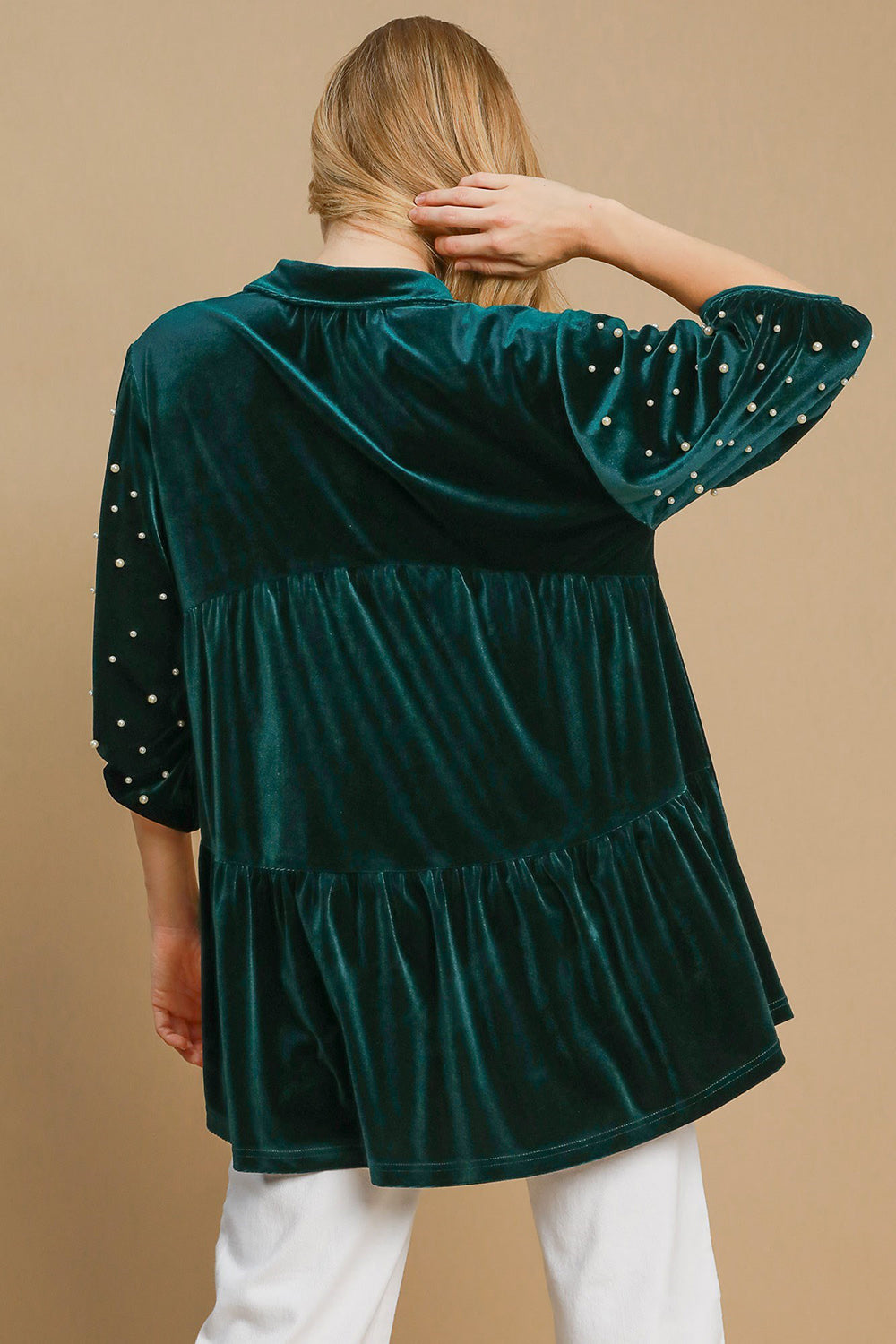 Umgee USA Pearl Babydoll Blouse Green Women Half Sleeve Velvet Ruffle Top 19773d3b-2a3e-4315-bc79-8cdc7b9507dc-Max Trendsi
