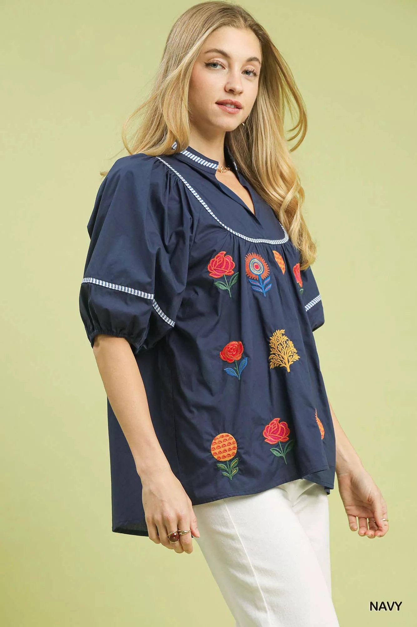 Umgee Womens Blouse Navy Floral Embroidered Puff Short Sleeve Top 1978c047-796d-440a-a910-e239160c3a8c-Max-Origin Trendsi