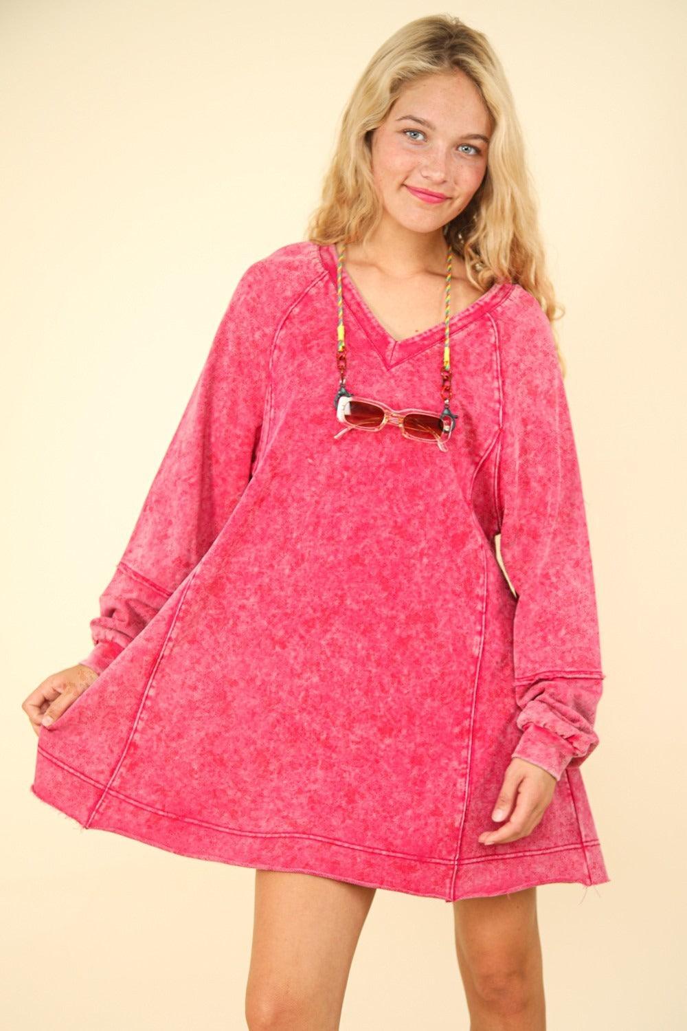 Mini Dress Pink VERY J Mineral Washed Oversized A-Line Magenta
