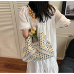 Women's Beach Crochet Shoulder Bag Medium Wave Knit Woven Blue Handbag