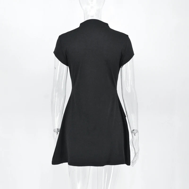 Fashion A-Line Mini Dress Mock Neck Short Sleeve Slim Waist Streetwear