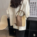 Women's Bucket Bag Small Coffee Brown PU Leather Two-Tone Casual Crossbody